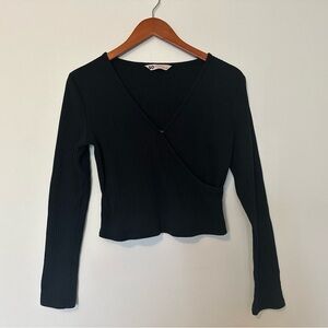 SO Sonoma Goods For Life Long Sleeve Cropped Wrap Top Black Women Juniors Size L